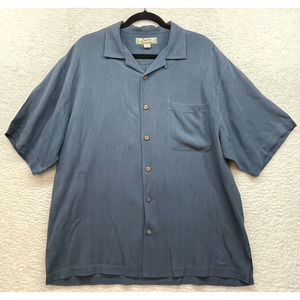 Tommy Bahama Shirt Mens Large Blue Button Down Vintage Silk Textured Palm Tree